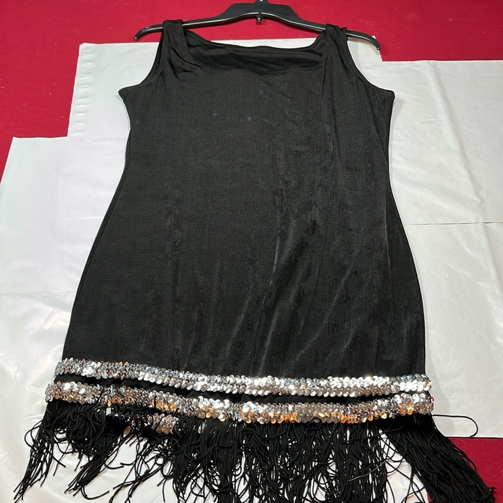 1920s flapper black FRINGE DRESS XL LIQUID KNIT silver sequin sweetheart neck XL